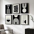 Wood Framed Modern Abstract Canvas Wall Art Sets of 6, Black and White Minimalist Prints, Bohemian Geometric Decor Painting for Living Room, Bedroom, Hallway and Office 11x14 Inch