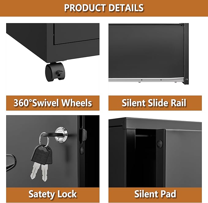 Polup 2 Drawer File Cabinet on Wheels, Mobile Two Drawer Filing Cabinet with Lock, Small Rolling Files Cabinets for Under Desk, Metal Filing Cabinets for Letter Size Folders - Assembly Required