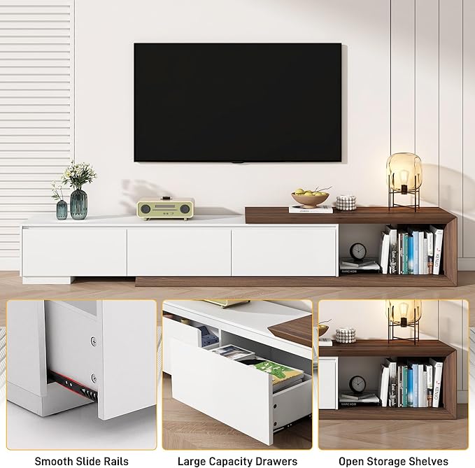 chartustriable Extendable TV Stand with 3 Drawers, Modern Minimalist Entertainment Center, Reversible Long TV Media Console, Bevel Design, 82-107.3 Inch, White & Walnut