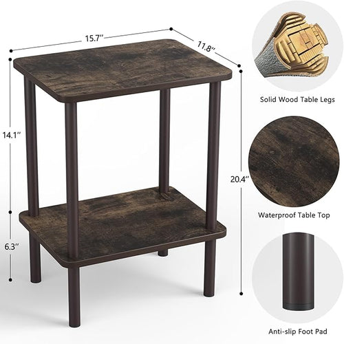 Apicizon 2 Tier End Table Set of 2, Small Side Table with Solid Wood Legs, Boho Bedside Table with Storage Shelf, Nightstand for Small Spaces, Bedroom, Living Room, Entryway, Rustic Oak