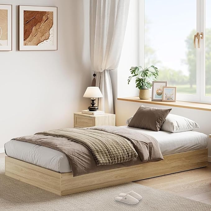 Twin Size Solid Wood Platform Bed with Sturdy Wooden Slats, Floor-Standing Bed Frame, Modern Minimalist Design Space-Saving Bed Frame, No Box Spring Needed, Space Saver, Easy Assembly, Golden Tan Wood