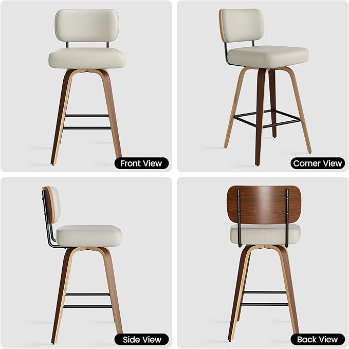 Swivel Bar Stools Set of 2, 26" Upholstered Faux Leather Counter Height Barstools with Walnut Back & Bentwood Legs, Mid Century Modern Bar Chairs Island Stools for Kitchen Counter, Beige Grey