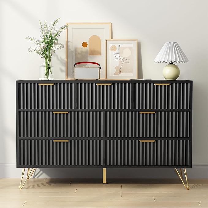 Black Dresser for Bedroom, 7 Drawers Dresser with Golden Handles, Modern Wood Chest for Living Room, Hallway, Entryway