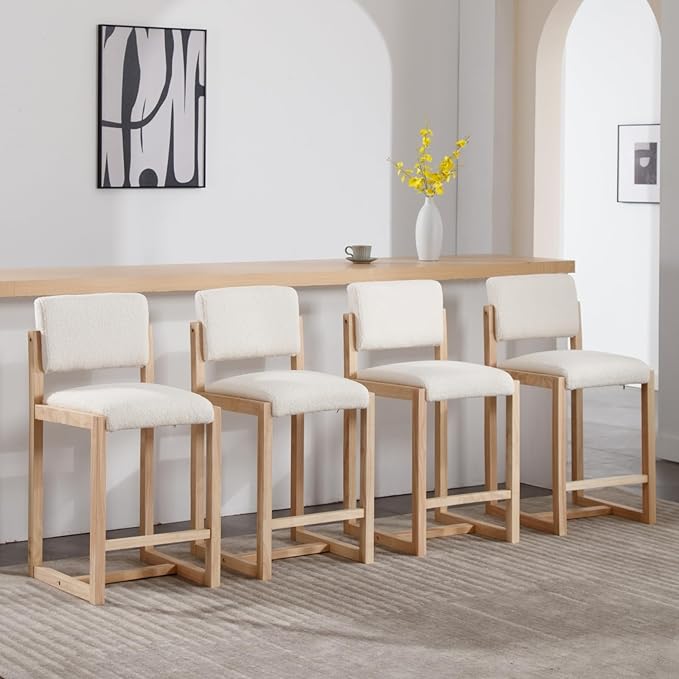 DUOMAY Modern Bar Stools Set of 4, 26" Counter Height Barstools, Sherpa Upholstered Kitchen Island Chair with Wood Legs for Home Bar Coffee Shop, White
