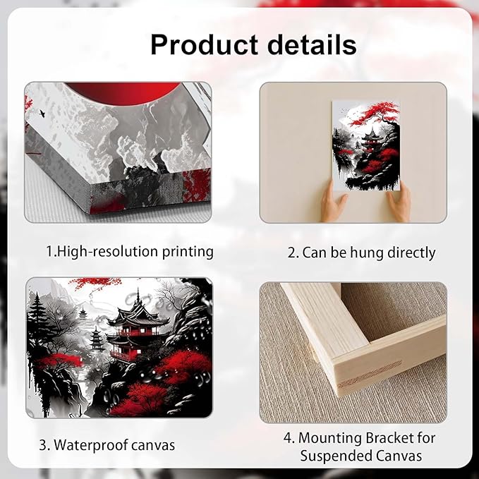 3 Piece Framed Canvas Wall Art Japanese Landscape Wall Decor with Red Sun, Mount Fuji, Pagoda & Cherry Blossom, Modern Asian Artwork for Living Room Bedroom Office, 12x16 Inch