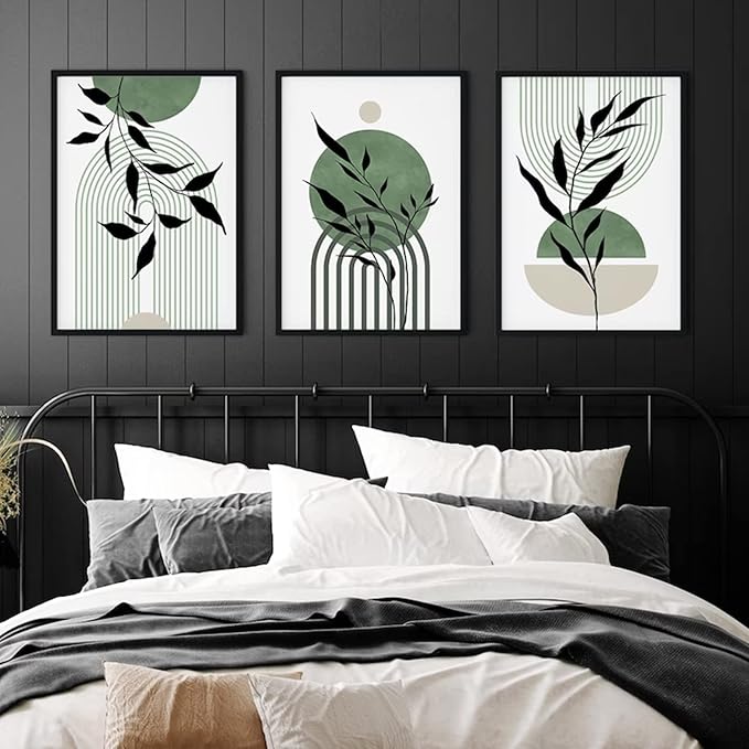 Mid Century Modern Wall Art Set of 3 Sage Green Canvas Wall Art Boho Prints Green Wall Decor Black Beige Abstract Picture Mid Century Painting for Living Room Bedroom 12x16 Inch UNFRAMED