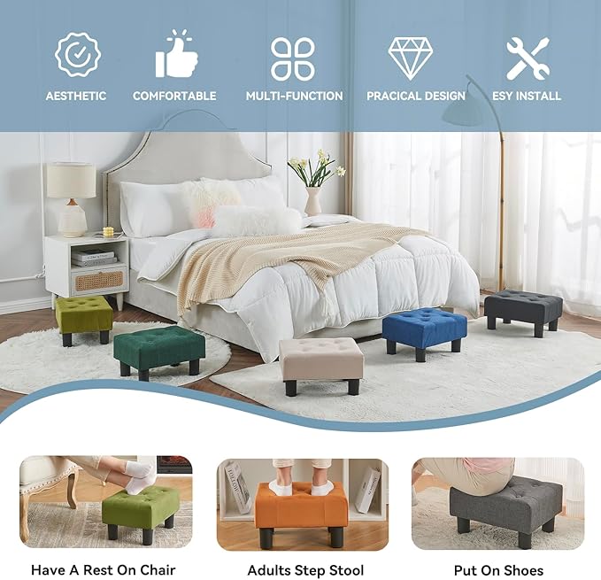 Poofzy Small Foot Stool Ottoman, Velvet Ottoman Foot Rest with Legs, Rectangle Foot Rest for Couch, Footstools and Ottomans Small for Living Room and Entryway (Green)