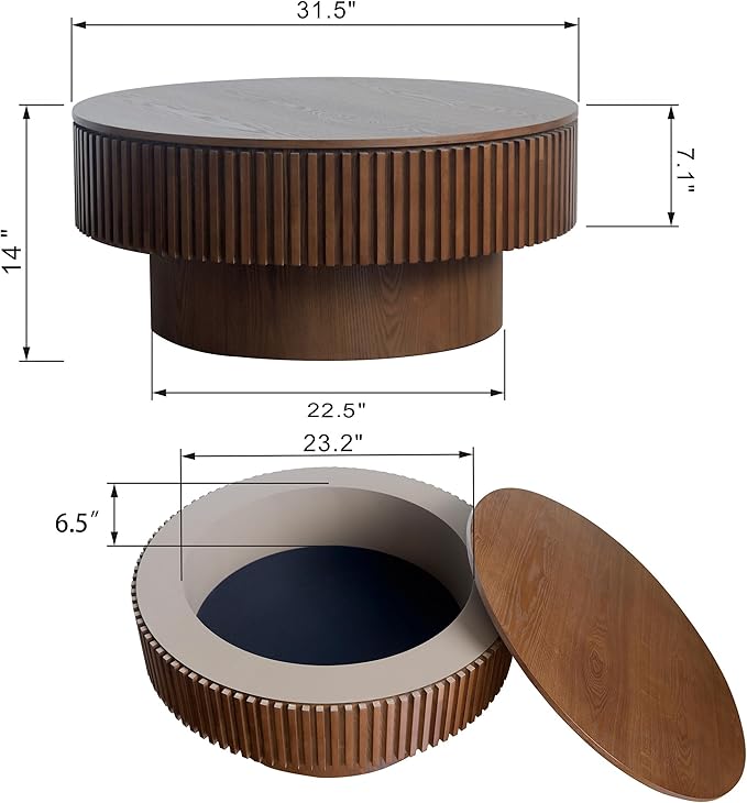 Round Coffee Table with Storage, Modern Handcraft Drum Coffee Table Wood Circle Center Table for Living Room Apartment, 31.49" Walnut