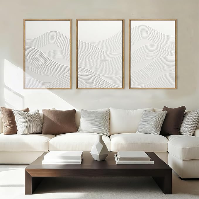 Anyzal Large Framed Neutral White Textured Wall Art 16x24 Inch Abstract Modern Canvas Wall Decor Minimalist Ocean Waves Artwork for Living Room Bedroom Office Set of 3