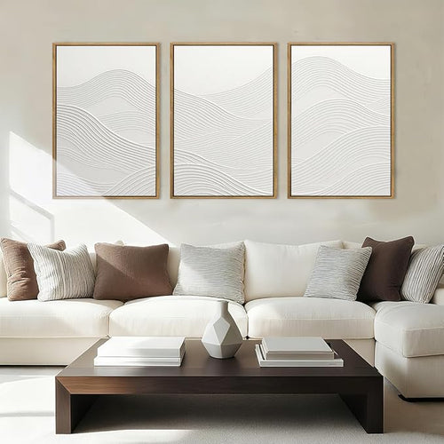 Anyzal Large Framed Neutral White Textured Wall Art 16x24 Inch Abstract Modern Canvas Wall Decor Minimalist Ocean Waves Artwork for Living Room Bedroom Office Set of 3