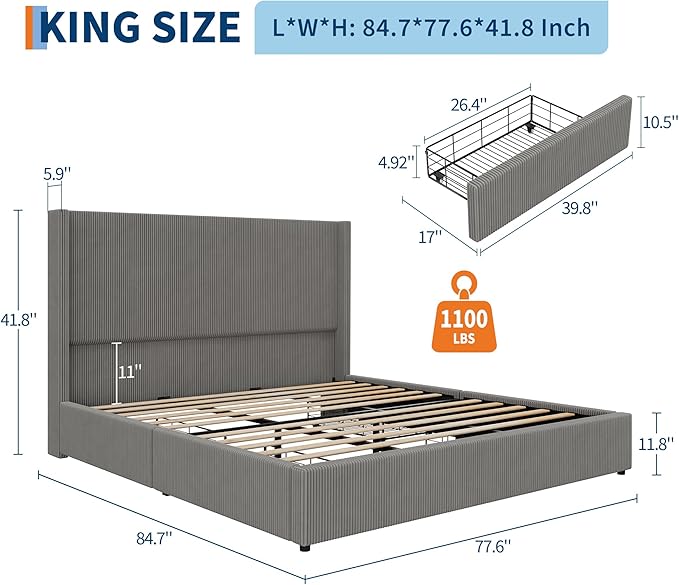 IDEALHOUSE King Size Upholstered Platform Bed Frame with Storage Drawers, Corduroy Wingback with Tufted Headboard and Footboard, No Box Spring Needed, Grey | Storage Drawers