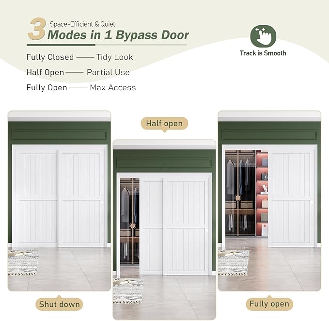 FREDBECK Sliding Closet Doors 72x80(Double 37inch),Bypass Barn Door with Hardware,for Bedroom,White,H Frame,Assemble Required