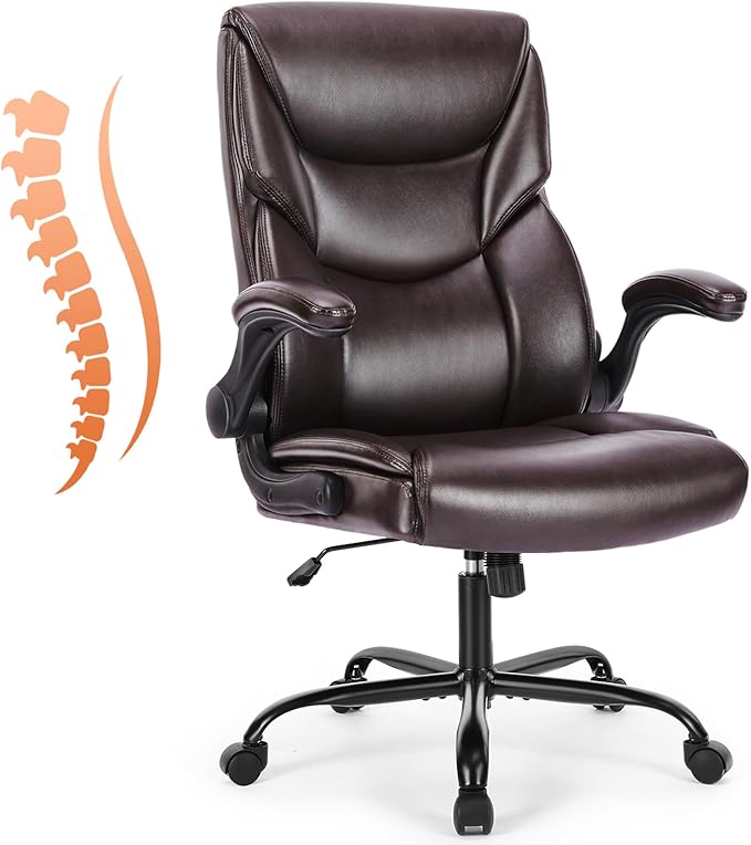 Sweetcrispy Computer Gaming Chair, Ergonomic High Back Heavy Duty Task Desk Office Chairs with Wheels, Flip-up Arms, Adjustable Height, PU Leather,Dark Brown
