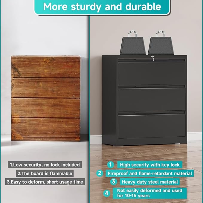 3 Drawer Lateral File Cabinet with Lock, Heavy-Duty Metal Filing Cabinet for Home Office, Steel Storage Compatible with Hanging Files Letter/Legal/F4/A4 Sizes, Black