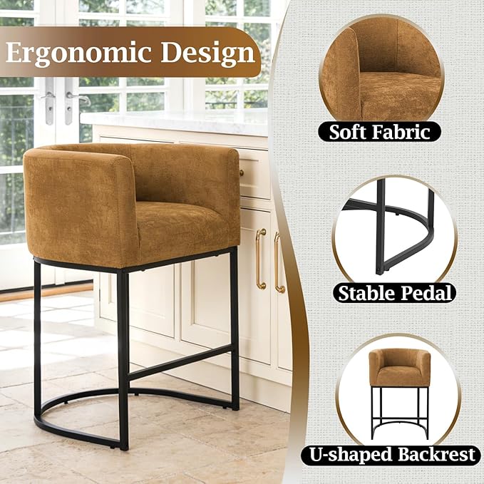 ClinQ 26" H Counter Height Bar Stools Set of 1, Modern Barrel Counter Stools with Backrest and Arms, Black Metal Frames, Chenille Fabric Upholstered Accent Barstools for Kitchen Island, Yellow