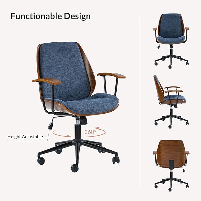 Modern Office Chair with Bentwood Polyester Upholstery Ergonomic Swivel Desk Chair with Adjustable Height for Home Office or Study Navy