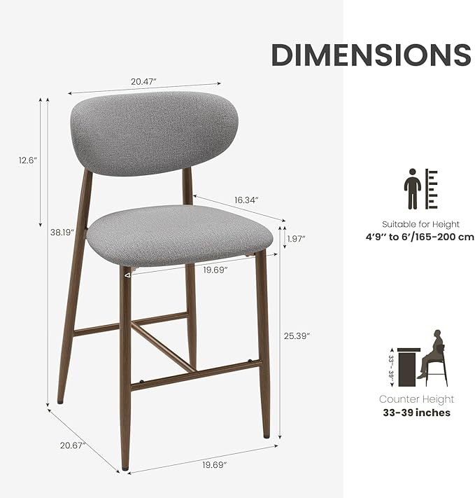 MALOL Bar Stools Set of 2, Counter Height bar stools, Kitchen Bar Stools with Backs, Modern Upholstered, Modern Bar Stools with Metal Legs for Kitchen Island, Counter, Light Grey