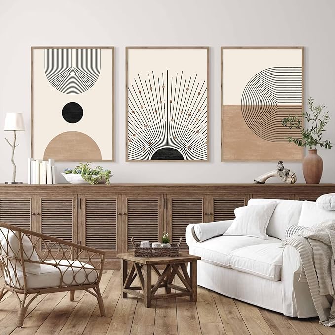 Baccone Mid Century Modern Wall Art Set of 3 Neutral Boho Art Prints Abstract Geometric Wall Art Picture Black Beige Minimalist Painting Canvas Artwork for Living Room Bedroom 12x16 Inch UNFRAMED