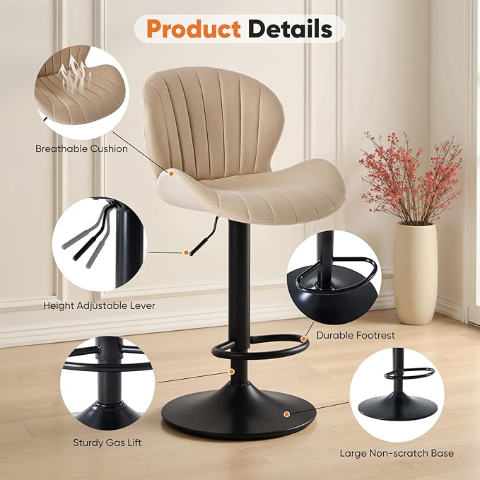 Sweetcrispy Bar Stools Set of 4, Modern Swivel Bar Chairs, Adjustable Fabric Upholstered Barstools Counter Height with Backrest for Bar, Kitchen Island, Dining Room, Beige