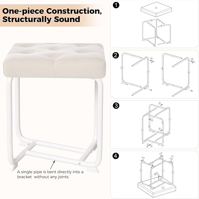 BEWISHOME White Vanity Chair, Leather Vanity Stool, Small Stool Chair for Vanity, Square Ottoman Foot Stool, Makeup Vanity Chairs with Thick Padded Seat for Small Spaces, Bathroom, Bedroom, Entryway