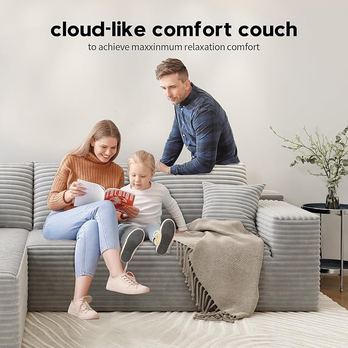 168.5" Modular Sectional Sofa, Oversized U-Shaped Minimalist Couches with 1 Middle Seat and 2 Ottomans Chaise, Modern Deep Seat Convertible Sleeper Sofa, Cloud Plush Corduroy Fabric,7 Seater, Grey