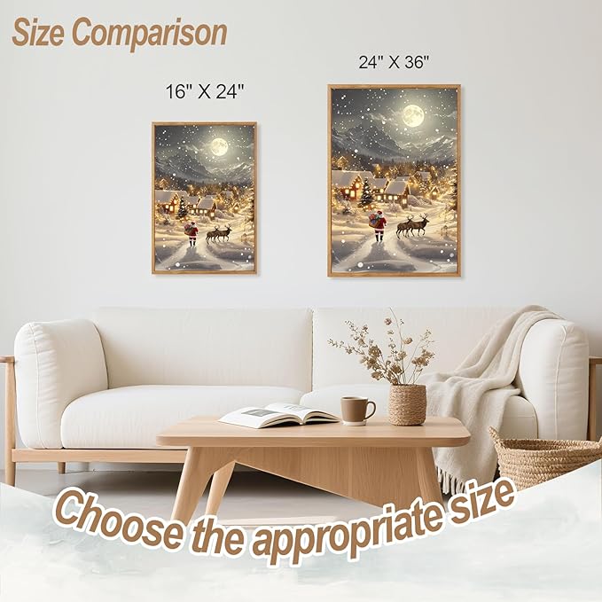 CHDITB Christmas Framed Canvas Wall Art Set, Happy Xmas Snowy Landscape Wall Decor, Holiday Winter Artwork, Santa Claus and Reindeer Painting, Vintage Xmas Art Prints for Living Room Bedroom 24"x36"x3