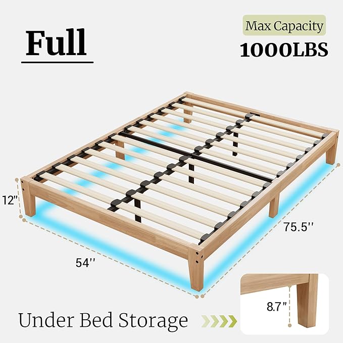 Awesofurni Full Size Bed Frame with LED Lights, 12 Inch Solid Wood Platform Bed with Wooden Slats, Natural Finish, No Box Spring Needed, Noise Free - Easy Assembly