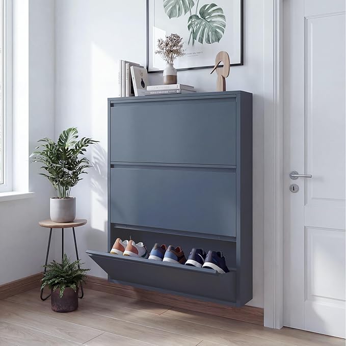LUCYPAL Shoe Storage Cabinet with 3 Flip Drawers,Freestanding Organizer Metal Wall Shoe Cabinet for Entryway, Narrow Shoe Rack Cabinet for Living Room,Blue