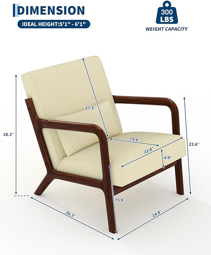 Garvee Mid-Century Modern Accent Chair, Fine Wale Corduroy Upholstery, Solid Wood Armchair with Removable Lumbar Pillow, Sturdy Reading Chair for Living Room, Bedroom, Guest Room, Easy Assembly, Beige