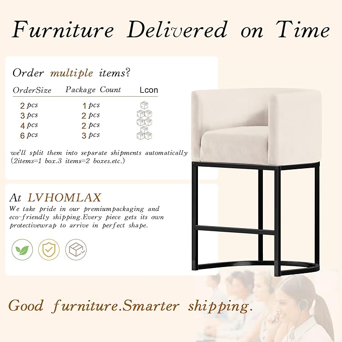 Modern Counter Height Bar Stools,Bar Stools Set of 4,Velvet Fabric Upholstered Barrel Barstools with Backs,26'' Kitchen Island Chairs,Metal Black Frames,Beige White Velvet