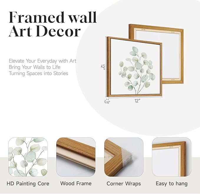 Framed Botanical Boho Wall Art, Set of 4 Piece Sage Green Plant Leaf Picture Artworks for Walls, Minimalist Canvas Painting Prints for Bathroom Washroom Living Room Bedroom Office Wall Decor, 12x12 In