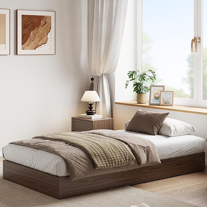 Wood Platform Bed with Sturdy Wooden Slats, Twin Size Floor-Standing Bed Frame, Modern Minimalist Design Space-Saving Bed Frame, No Box Spring Needed, Easy Assembly