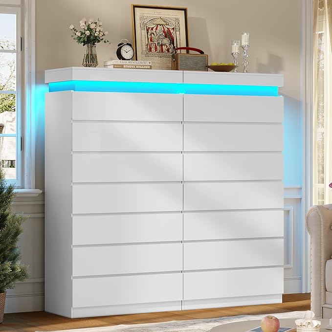 HAUOMS Tall 7 Drawer Dresser with LED Light, White Modern Chest of Drawers for Bedroom,Closet Dressers with Drawers for Living Room, Entryway, Hallway