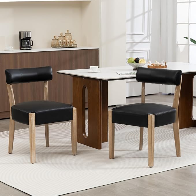 ZJhome Modern Dining Chairs Set of 2 – Mid-Century Modern Faux Leather Upholstered Kitchen & Dining Room Chairs with Curved Back, Oversized Rounded Seat, Sturdy Wood Frame, Black