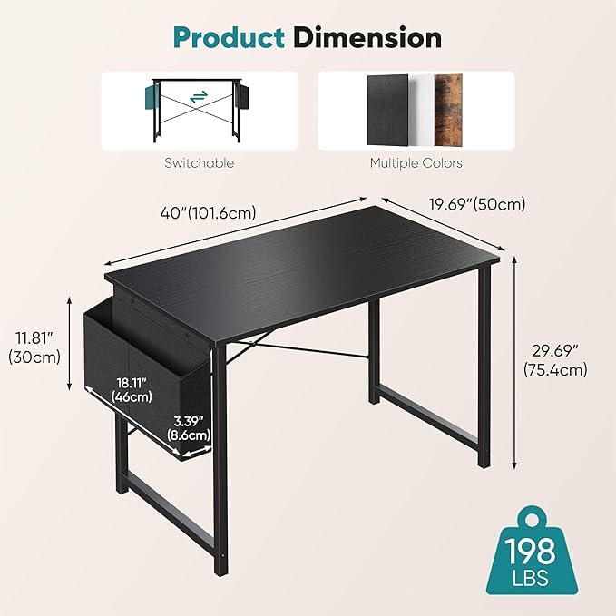 OLIXIS Computer Desk 40 Inch Home Office Desks for Small Spaces, Gaming Writing Study Work Table with Storage Bag and Headphone Hook for Bedroom, Black