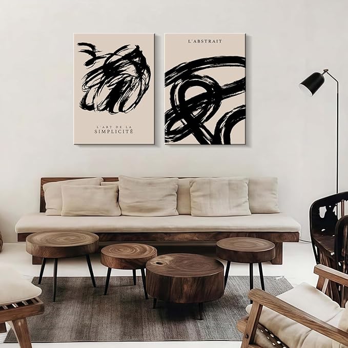 2 Framed Simple Black and White Canvas Wall Art Abstract Prints Modern Gallery Style Posters for Bedroom Living Room Bathroom Office Canvas Decor 12x16 Inch