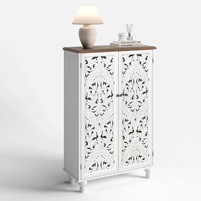 JOINICE 47" Tall Accent Cabinet with Carved Doors, Distressed White Wood Storage Cabinet with 3-Tier Shelves, Boho Farmhouse Sideboard Buffet for Small Spaces, Entryway & Living Room