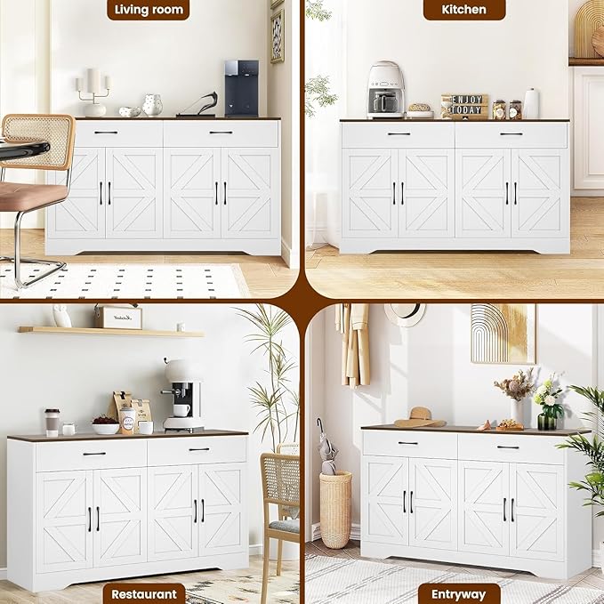 Sideboard Buffet Cabinet with Storage, 55.1" Large Kitchen Storage Sideboard with Drawers & Doors, Modern Wood Farmhouse Coffee Bar Cabinet, Buffet Table for Kitchen, Living Room, White, 55.1INCH