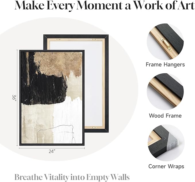 Framed Black and White Abstract Wall Art for Living Room, 3 Piece Large Canvas Modern Picture Artworks, Minimalist Black Gold Painting Prints for Dining Room Hallway Home Office Wall Decor, 24x36 Inch