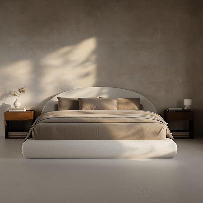 RECCI AirFrame Half-Moon Upholstered California King Platform Bed Frame, Velvet Curved Arched Base with Headboard, 5 Inch Fully Round Cushioned Foam, No Box Spring Needed, Easy Assembly | Round Shaped, Boucle, Low-profile, Soft