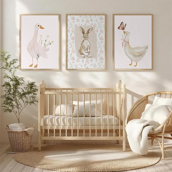 Vintage Nursery Wall Art Goose Canvas Poster Coquette Wall Decor Baby Girl Painting Kids Poster Bunny Rabbit Prints Cute Animal Pictures Duck Artwork for Bedroom Living Room 12x16x3 Inch Unframed