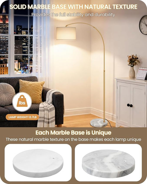 75" Arc Floor Lamp with Marble Base and Adjustable Height, Rotating Hanging Shade, Dimmable Floor Lamp for Living Room with Remote and Foot Switch, 3CCT, Over Couch Arched Light, White Gold DW15LD05
