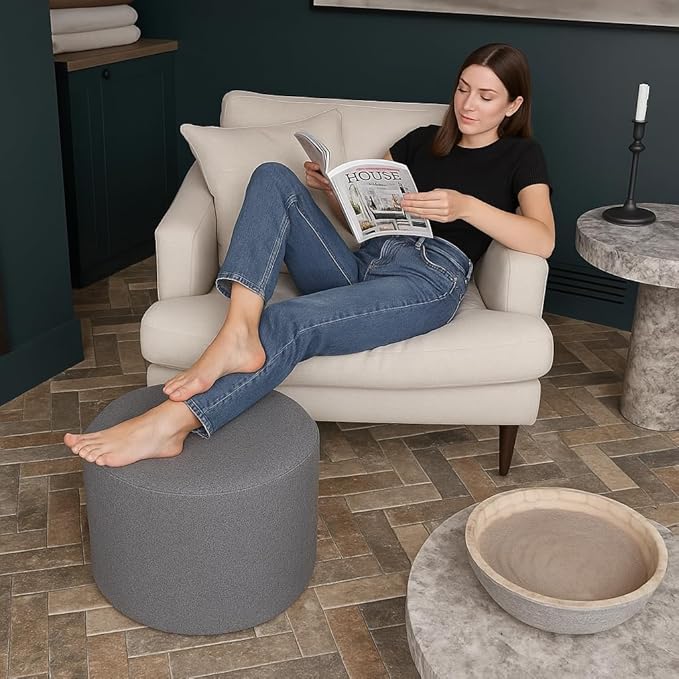 Grey Round Ottoman Foot Rest Stool – Modern Boucle Fabric Footstool with Soft Foam Filling, Lightweight Pouf for Living Room, Bedroom, Home Office – Neutral Grey