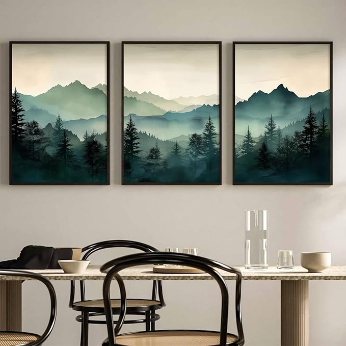 Mountain Wall Art Decor Set of 3 Sage Green Forest Canvas Wall Art Prints Nature Landscape Wall Decor Watercolor Pine Tree Pictures Abstract Modern Painting for Living Room Bedroom 12x16 Inch Unframed