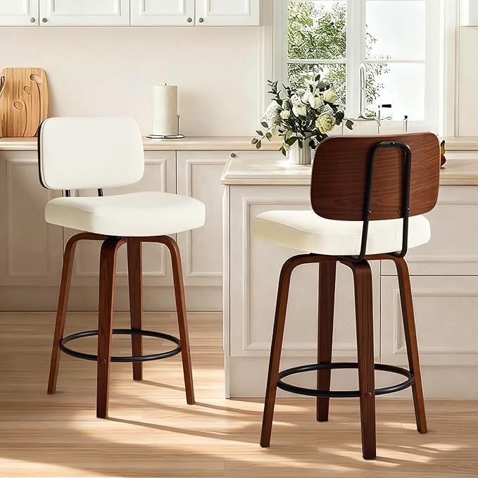 Counter Height Bar Stools Set of 2, 26+inch Swivel Faux Leather Barstool with Back, Upholstered Mid-Century Modern Bar Chairs with Bent Wood Legs for Kitchen Counter, Dining Room, Cream White