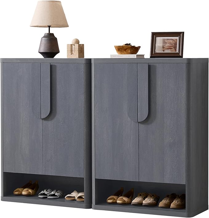 Shoe Cabinet 44" Tall Large Storage Organizer Modern Shoe Rack with Doors & 4 Shelves Minimalist Free Standing 5-Tier Cabinet for Entryway Hallway Living Room,Gray Black,2PCS
