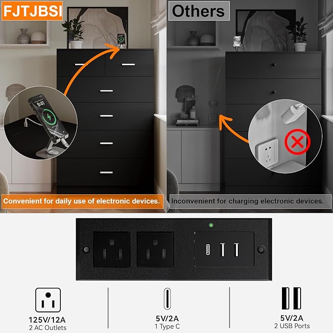 FJTJBSI Dresser with Power Outlets Wooden 6 Drawer Dresser with Large Organizer Black Tall Storage Organizer with Smooth Metal Rail Modern Chest of Drawers Closet for Bedroom Hallway