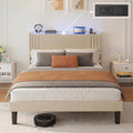 Gizoon Queen Bed Frame with Charging Station and LED Lights,Upholstered Wingback Platform Bed with Wooden Slats,Noise-Free,No Box Spring Needed