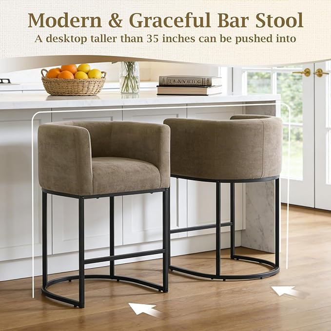 ClinQ 26" H Counter Height Bar Stools Set of 2, Modern Barrel Counter Stools with Backrest and Arms, Black Metal Frames, Chenille Fabric Upholstered Accent Barstools for Kitchen Island, Brown