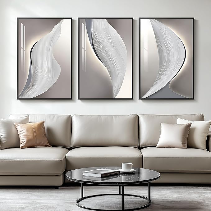 Large Framed Modern Wall Art for Living Room, 3 Piece Minimalist Abstract White and Grey Prints Wall Decor, Bright Style Artwork Paintings Pictures for Hallway Dining Office 24x36 Inch
